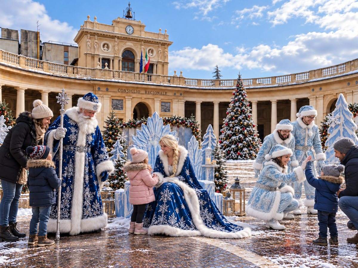Animazione natalizia in piazza davanti al Consiglio regionale, con personaggi in costume invernale che salutano bambini e famiglie