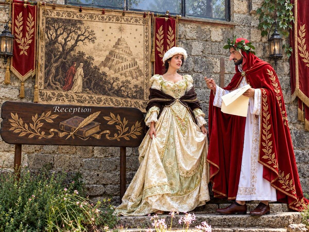 Accoglienza a tema dantesco alla reception, con Dante e una dama in costume d'epoca