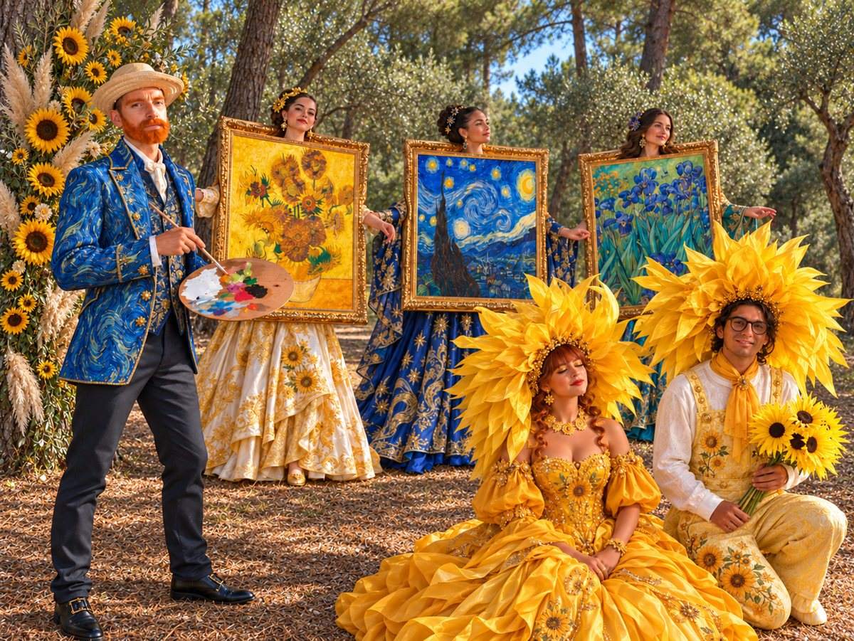 Performer in costume ispirati a Van Gogh tra i pini, con quadri viventi, girasoli e il pittore con la tavolozza