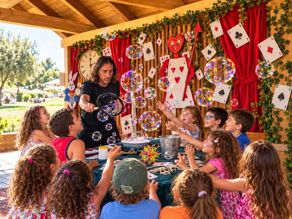 Laboratorio di bolle di sapone con bambini attorno al tavolo, sotto un gazebo decorato a tema carte da gioco