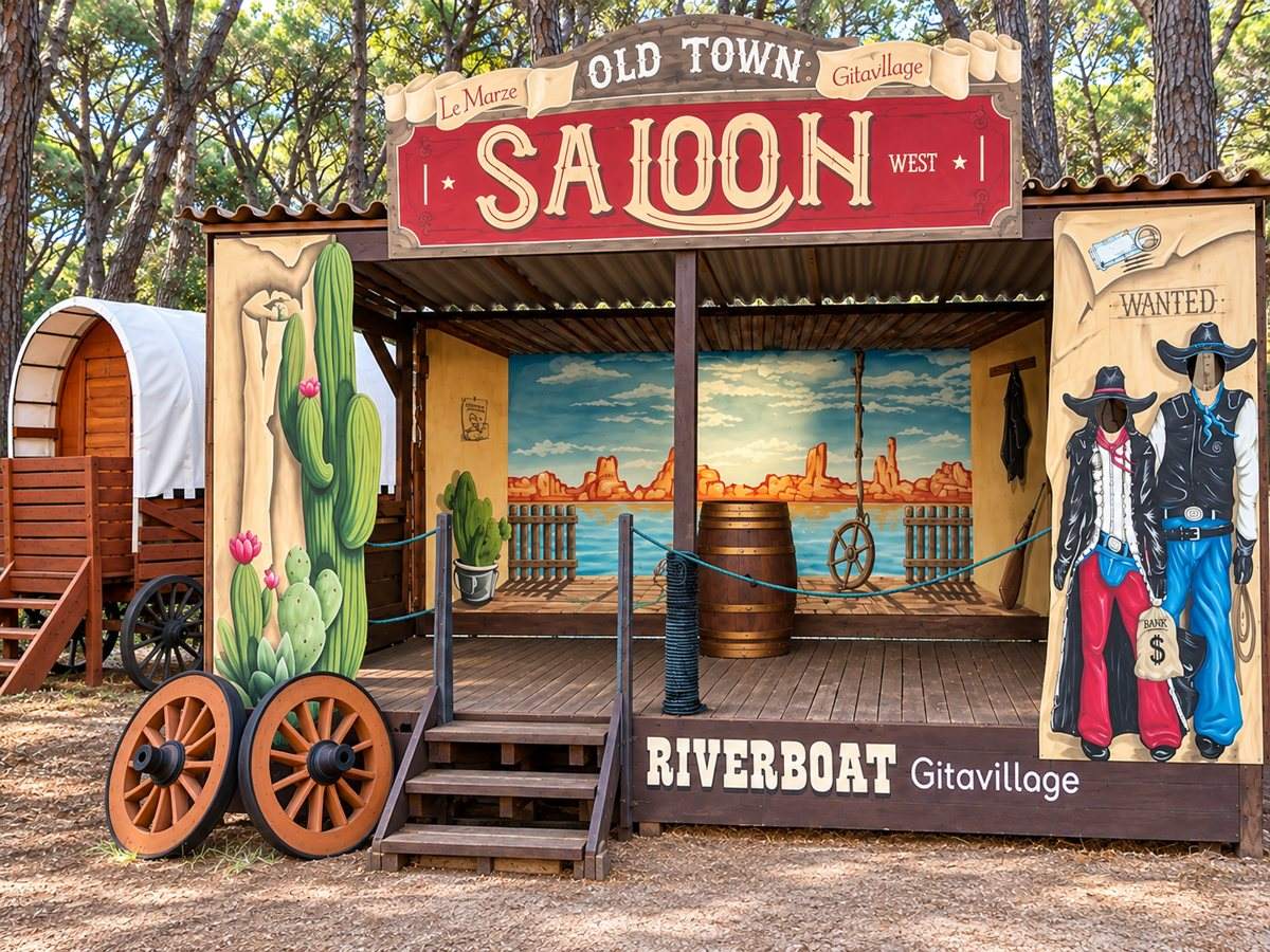 Palco western Old Town Saloon con fondale dipinto del deserto, cactus, carro dei pionieri e sagome di cowboy