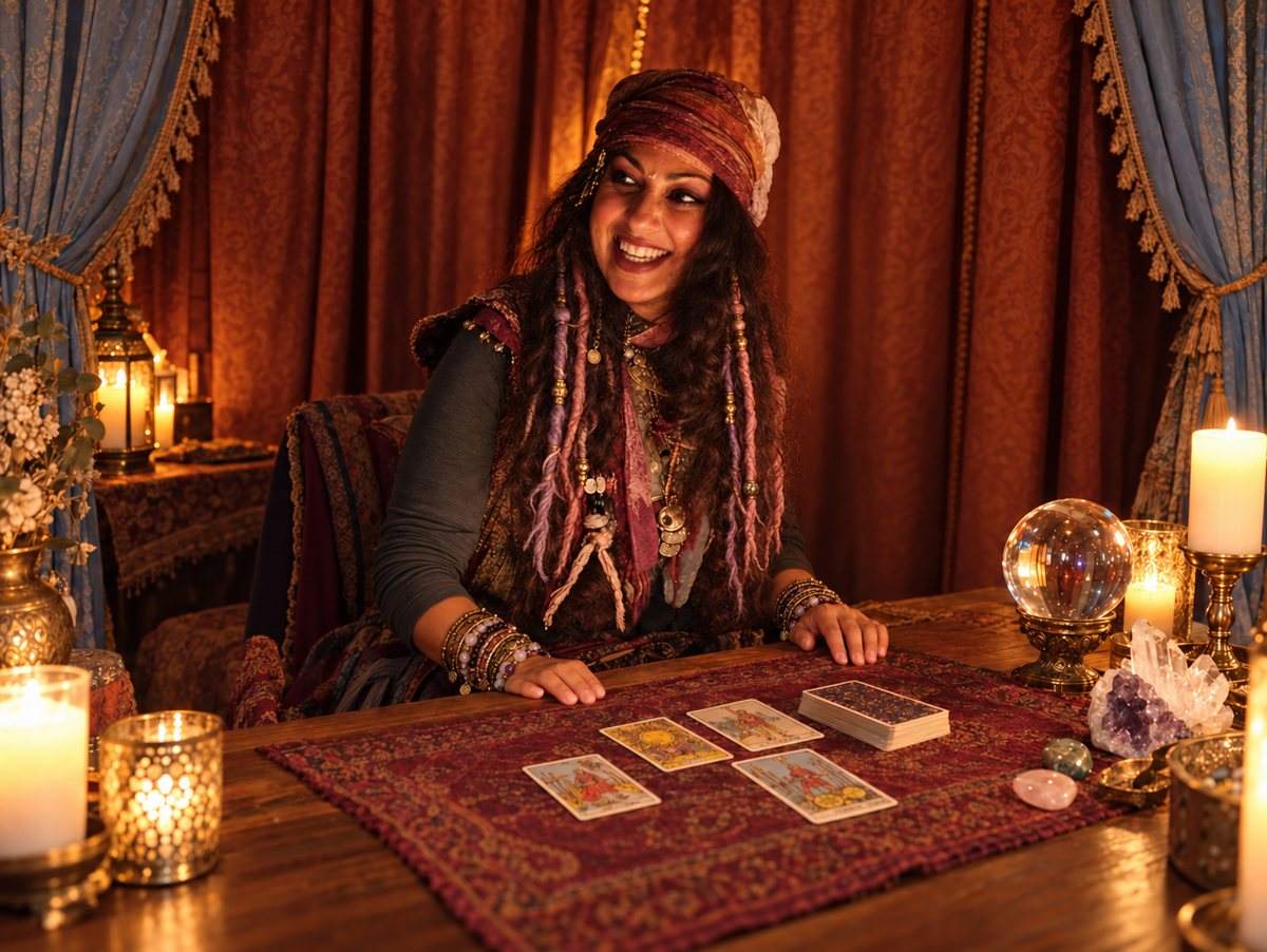 Cartomante in costume gitano con tarocchi e sfera di cristallo, tra tende e candele