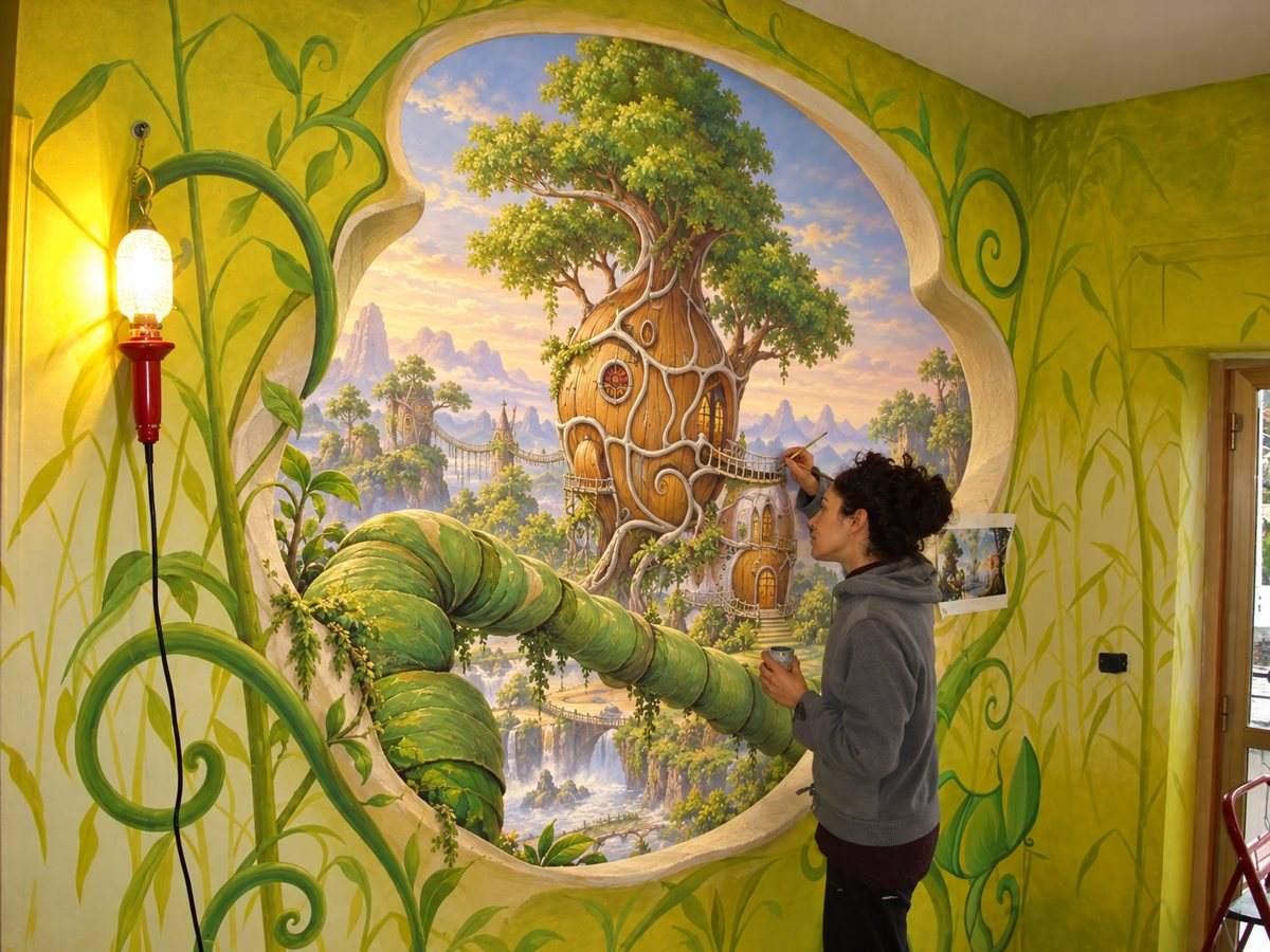 Pittrice Dreamers al lavoro su un grande murales fiabesco con una casa sull'albero, in un mini club dalle pareti verdi decorate
