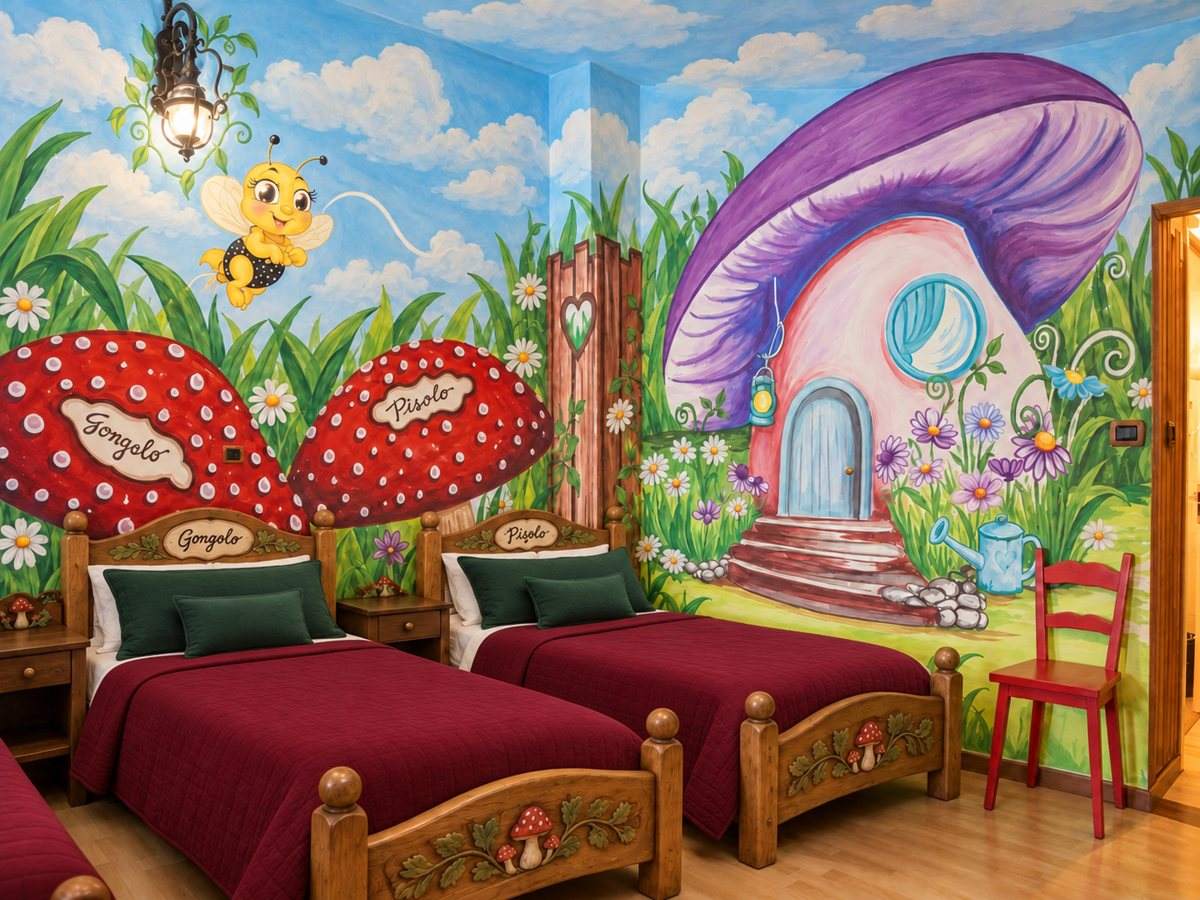 Camera per bambini decorata con murales fiabesco: funghi giganti, casetta, prato fiorito e letti in legno intagliato