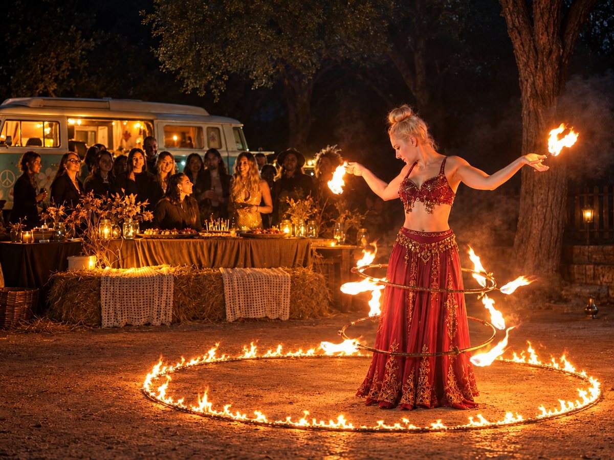 Fire show con cerchi infuocati davanti agli ospiti, al momento della torta